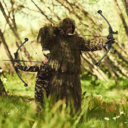 Two hunters in camouflage gear with bows in a forest setting