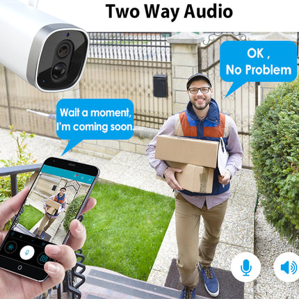 Smart home security camera with two-way audio feature, showing a person receiving a package and using a phone app.