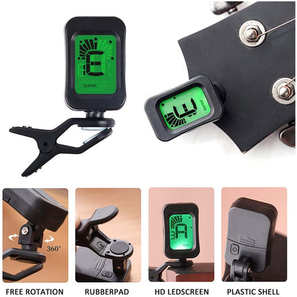 Guitar tuner with various features highlighted on a white background