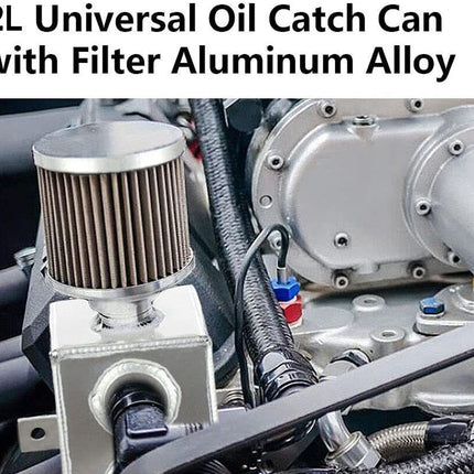 A 2L universal oil catch can with an aluminum alloy filter, installed in a car engine bay alongside other mechanical parts.