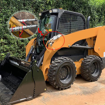 A yellow and black skid steer loader with a front bucket attachment, photographed outdoors against green hedges and a tan ground surface. A circular inset shows a close-up of a hydraulic cylinder and rod, with red circles highlighting a specific area on the main machine.