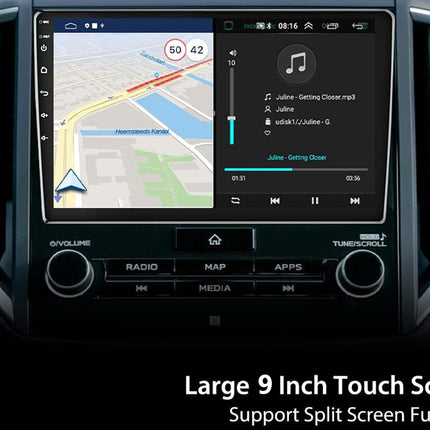 Car dashboard with a large 9-inch touch screen displaying navigation and music controls.