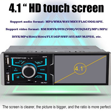 Car multimedia player with 4.1 inch HD touch screen on a white background
