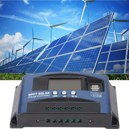 Solar panel system with wind turbines and a solar charge controller in the foreground.
