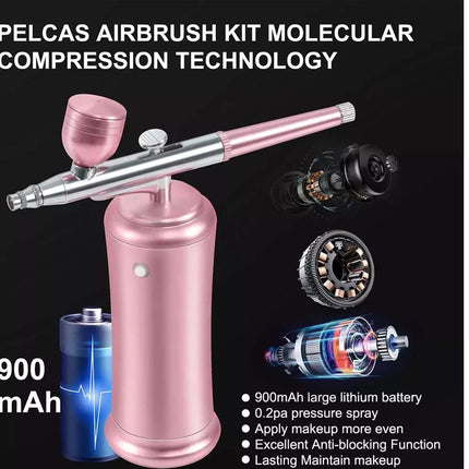 Pink Pelcas airbrush kit with a metallic pink spray can and wand, shown on a black background with feature callouts, a battery graphic, and exploded technical views.