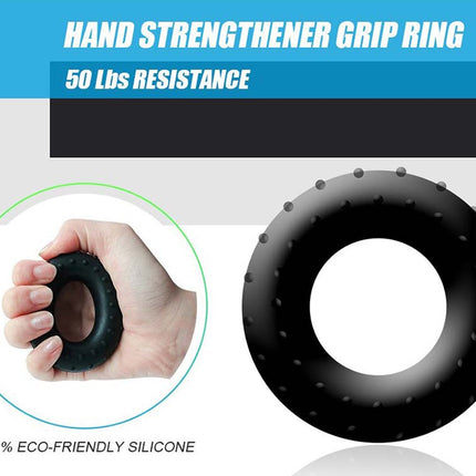 Hand strengthener grip ring with resistance information on a white background