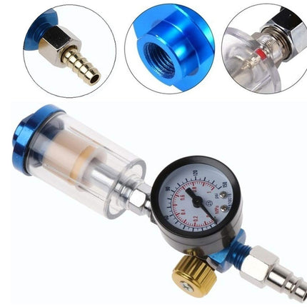 An inline air filter regulator with a clear plastic filter body, blue anodized metal fittings, a black and white pressure gauge, and a brass adjustment knob. Three circular inset images at the top show close-up details of the connector, filter body, and regulator assembly.