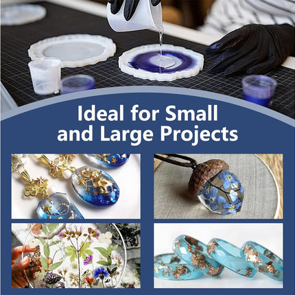 Person pouring resin into a mold with text 'Ideal for Small and Large Projects' and images of finished resin crafts.