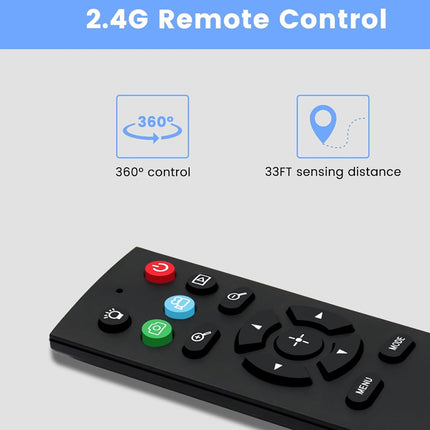 Black 2.4G remote control with features highlighted on a gray background