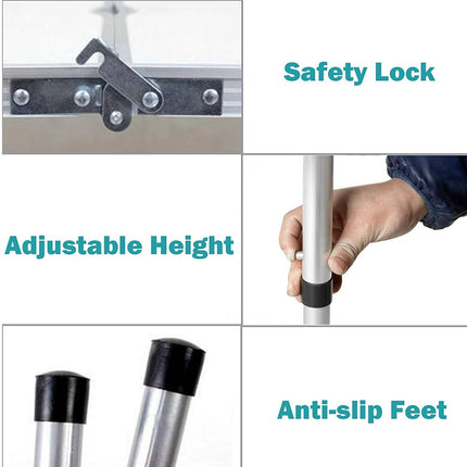 Collage of a safety lock, adjustable height, and anti-slip feet on a white background.
