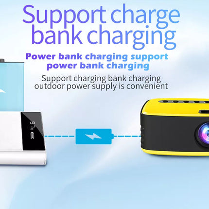 Yellow power bank with text on a blue background