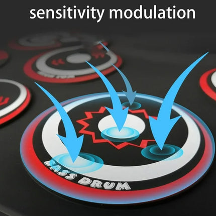 Close-up of a drum pad with sensitivity modulation labeled, showing blue arrows indicating pressure points.