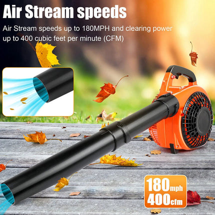 Gardening leaf blower with air stream speeds and cubic feet per minute displayed on a wooden surface.