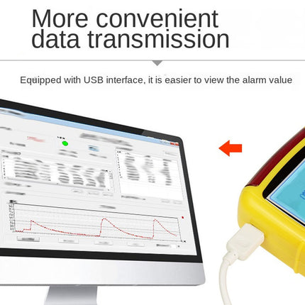 Yellow device with USB connection to computer monitor displaying data transmission.