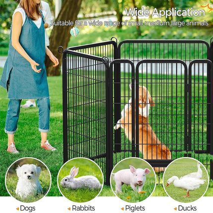 Pet pen with a dog inside, suitable for small to large animals, on a grassy area.