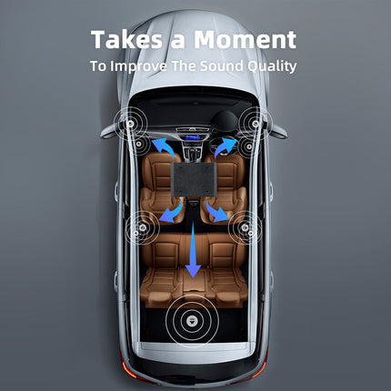 Top-down diagram of a car interior with blue arrows showing sound waves radiating from multiple speakers to improve sound quality, with the text 'Takes a Moment To Improve The Sound Quality' on a gray background.