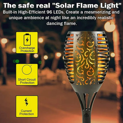 Solar flame light with text highlighting features and benefits, set against a blurred outdoor background.
