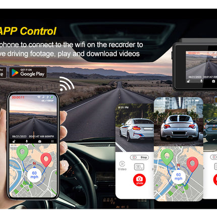 Car dashboard with Wi-Fi app control system displaying live footage and navigation on a smartphone.
