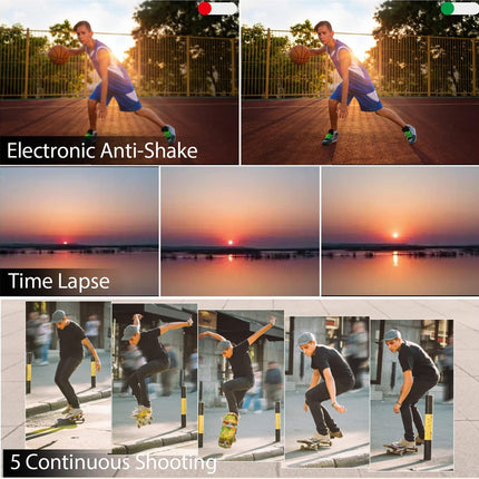 Comparison of photography techniques including electronic anti-shake, time lapse, and continuous shooting.