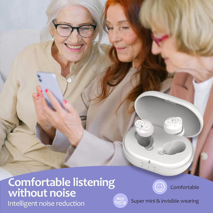 Three women looking at a phone with a pair of earbuds and their case in the foreground, promoting comfortable listening without noise.