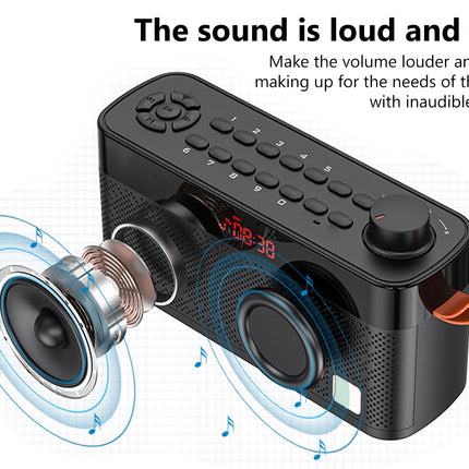 A black portable Bluetooth speaker with a digital display and control buttons, shown with blue sound wave graphics and text highlighting loud and clear audio.