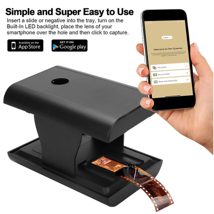 Film scanner with smartphone app interface for scanning film negatives.
