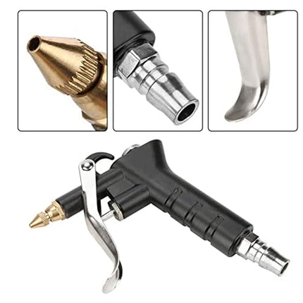 Black and silver air blower nozzle tool with inset detail views showing the brass spray tip, connector fitting, and curved trigger arm on a white background.