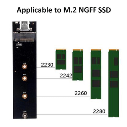 M.2 NGFF SSD adapter with dimensions labeled on a white background