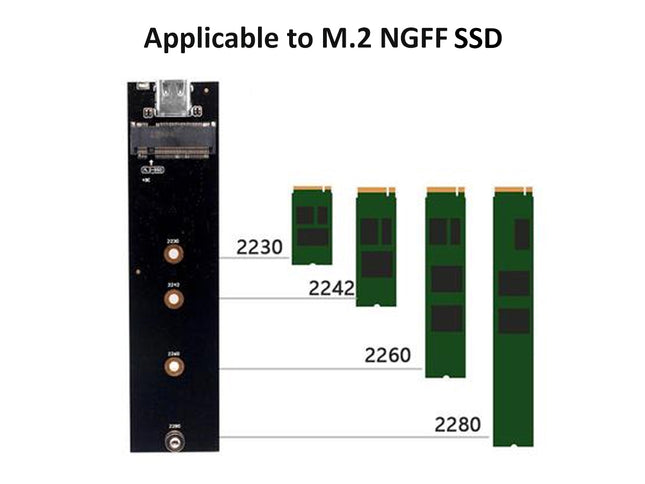 M.2 NGFF SSD adapter with dimensions labeled on a white background