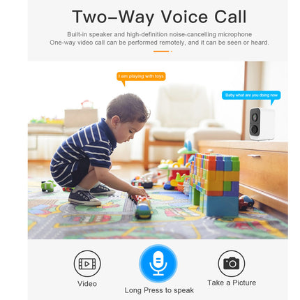 Child playing with toys on a colorful mat in a living room, with a two-way voice call device in the background.
