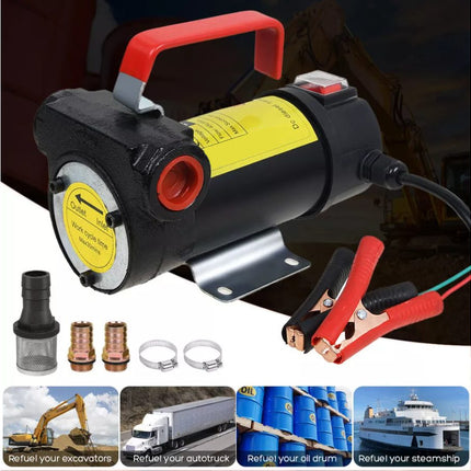Black and yellow electric pump with red handle and connectors on a white background