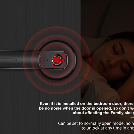 A smart door lock with a red circular locking icon in the center, shown with red concentric ring graphics indicating a secure lock state. The background is a dark bedroom scene with a sleeping woman, accompanied by promotional text about noise-free opening and customizable settings.