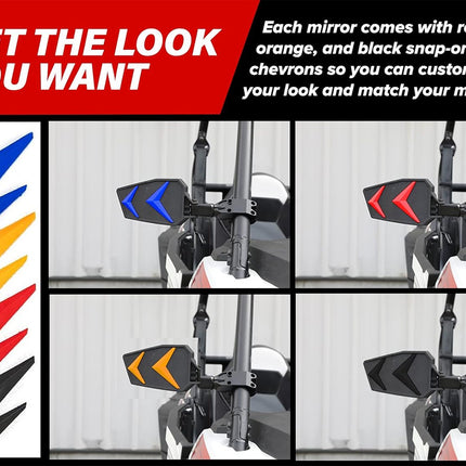 Customizable motorcycle rearview mirror chevron decals shown in a four-panel demonstration and a vertical color options chart. The chart displays blue, orange, red, and black chevrons on a white background.