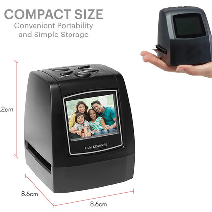 Compact digital photo scanner with a family photo on the screen, held by a hand.