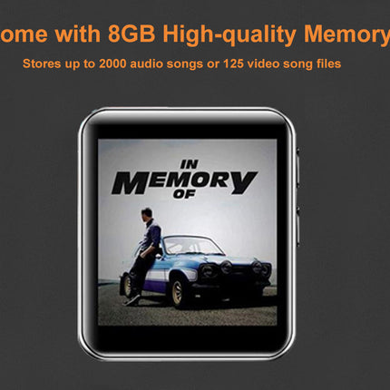 A silver rectangular electronic media player or smart device centered on a dark gray background, with orange promotional text above reading 'Come with 16GB High-quality Memory' and smaller text about storing audio and video songs. The device screen shows album-art imagery with the title 'In Memory of' and a blue car scene.