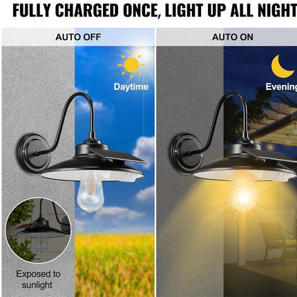 A promotional graphic for a solar outdoor wall light showing two side-by-side panels: the left labeled 'AUTO OFF' with daytime imagery and the right labeled 'AUTO ON' with nighttime lighting, plus the headline 'FULLY CHARGED ONCE, LIGHT UP ALL NIGHT.'.