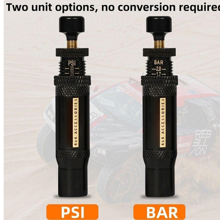 Two black hydraulic pressure gauge adapters labeled PSI and BAR, shown side by side with a faded background of an off-road vehicle and the text 'Two unit options, no conversion required'.