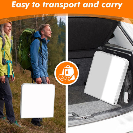 Two people with backpacks and a portable mat, with text 'Easy to transport and carry' above.