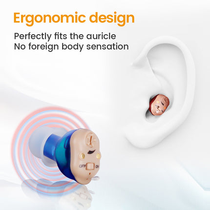 Hearing aid with text highlighting ergonomic design and comfort