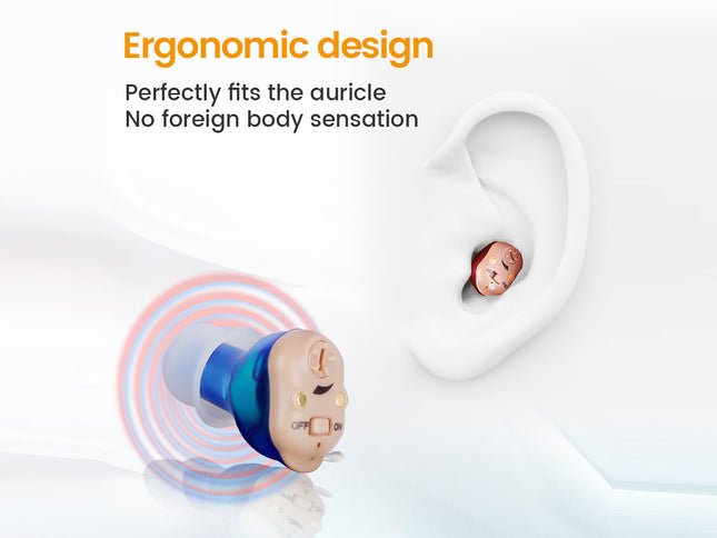 Hearing aid with text highlighting ergonomic design and comfort