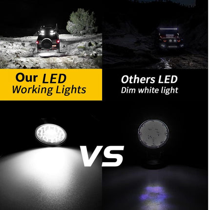 Comparison of LED working lights with 'Our LED' on the left and 'Others LED' on the right, showing a vehicle in a dark landscape.