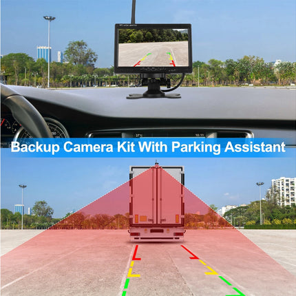 Car with backup camera kit and parking assistant display on a road.