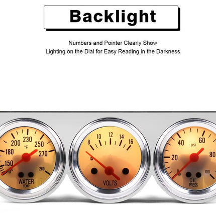 Three automotive gauges with a backlight for easy reading in darkness on a white background.