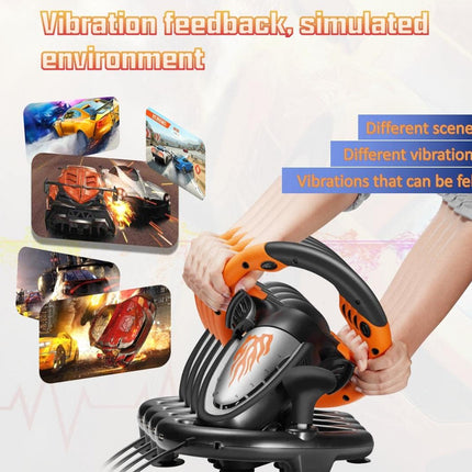 Simulated driving experience device with vibration feedback and different scene illustrations.