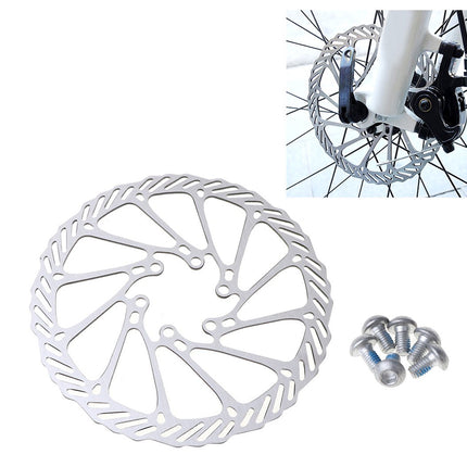 Bicycle disc brake rotor with screws on a white background