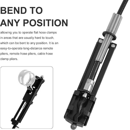 Mechanical tool with text explaining its use for operating flat hose clamps from a distance.