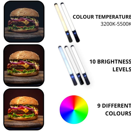 A product information graphic for a 4-light linear RGB LED tube kit. The image shows three examples of a hamburger photo filter applied to burger images on the left, alongside the actual white and black linear tubes in the center.