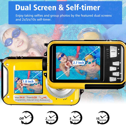 Camera with dual screens and self-timer feature, used in a swimming pool setting.