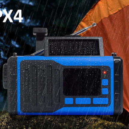 A rugged portable radio and solar power bank combo in blue and black, shown outdoors in the rain with a tent in the background. The text 'IPX4' is displayed in the top left corner.