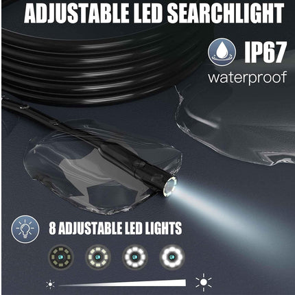 Black adjustable LED searchlight with clear waterproof housing, shown with a coiled cable and text highlighting IP67 waterproofing and 8 adjustable LED lights.